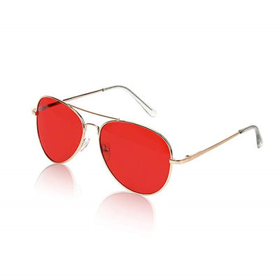 Yuvarlak UV400 Kırmızı Renk Terapi Güneş Gözlüğü 125mm Kol Altın Çerçeve